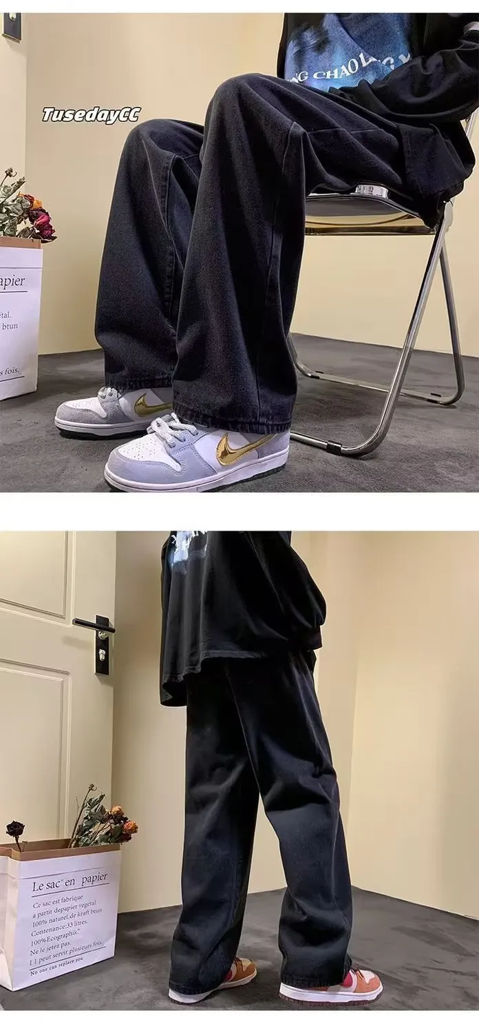Men's Japanese Style Drawstring Jeans - Loose Fit Straight Leg Wide Leg Casual Trendy Long Trousers - Elastic Waist Denim Pants 2024 showcase 10