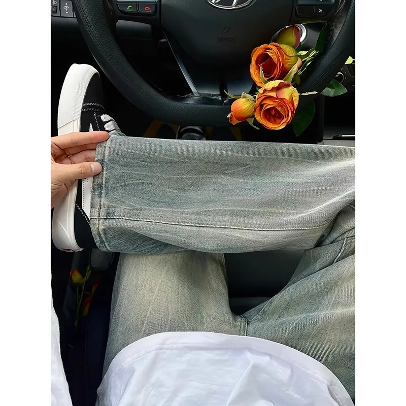 Men's Lightning Bamboo Pattern Jeans Straight Leg Loose Fit American High Street Style Versatile Retro Bootcut Denim Pants Trendy Fashion showcase 10