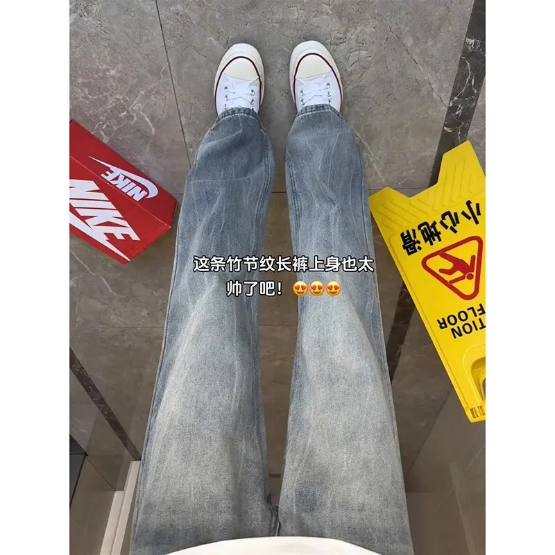 Men's Lightning Bamboo Pattern Jeans Straight Leg Loose Fit American High Street Style Versatile Retro Bootcut Denim Pants Trendy Fashion showcase 7