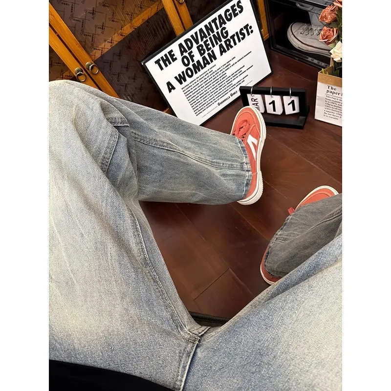 Men's Lightning Bamboo Pattern Jeans Straight Leg Loose Fit American High Street Style Versatile Retro Bootcut Denim Pants Trendy Fashion thumbnail 3