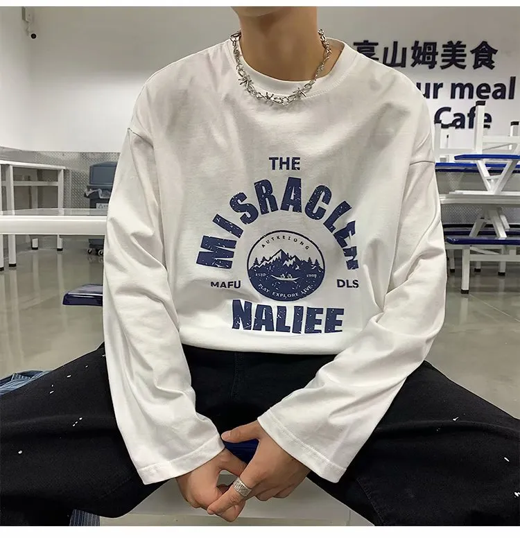 Men's Long Sleeve T-Shirt Autumn Fashion Trendy Brand Hong Kong Style Loose Fit All-Match Pullover Sweater for Spring/Fall showcase 3