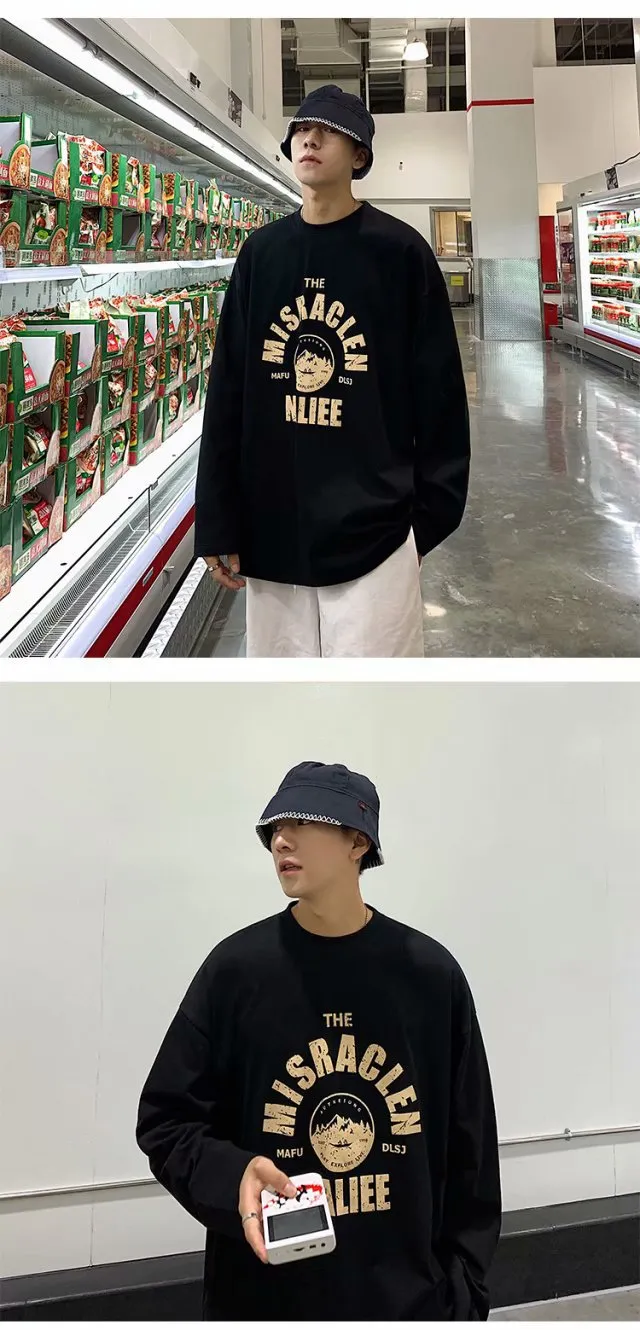 Men's Long Sleeve T-Shirt Autumn Fashion Trendy Brand Hong Kong Style Loose Fit All-Match Pullover Sweater for Spring/Fall showcase 7