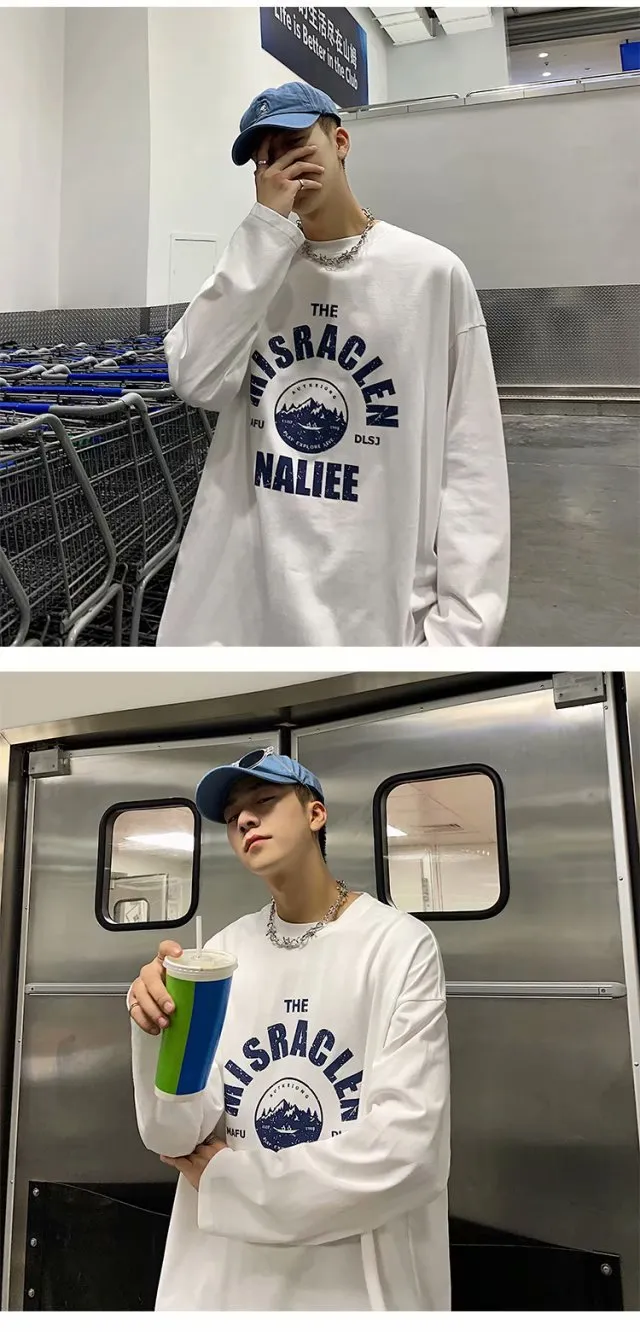 Men's Long Sleeve T-Shirt Autumn Fashion Trendy Brand Hong Kong Style Loose Fit All-Match Pullover Sweater for Spring/Fall showcase 9