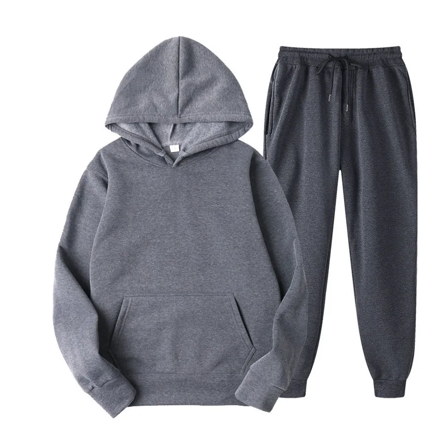 Men's Two-Piece Tracksuit Set - Spring/Autumn Solid Color Hoodie and Sweatpants - Casual Fashion Sportswear for Men showcase 9