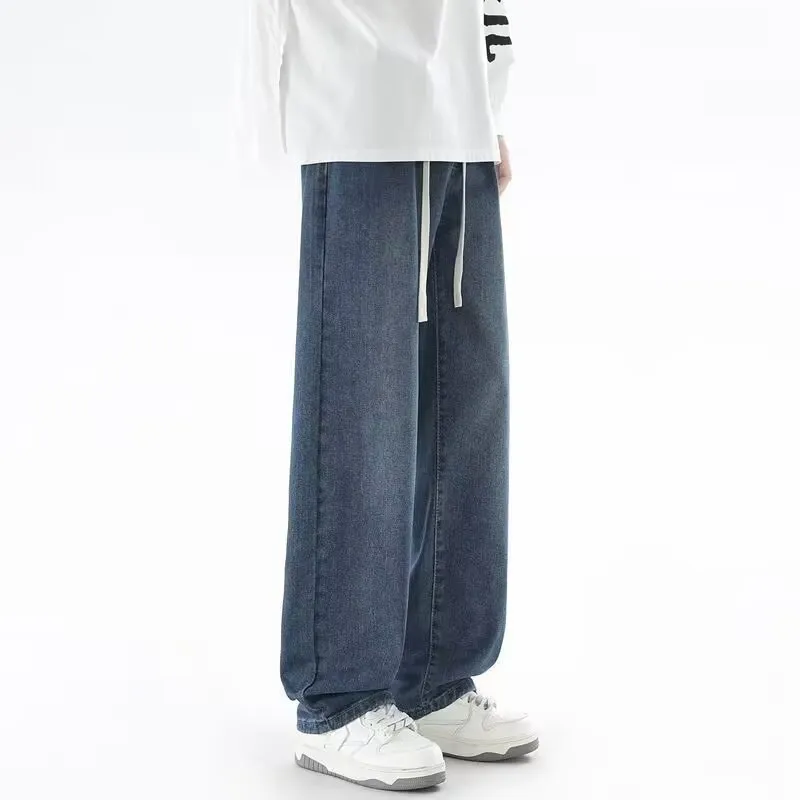 Men's Japanese Style Drawstring Jeans - Loose Fit Straight Leg Trendy Wide Leg Casual Long Pants for Spring thumbnail 4