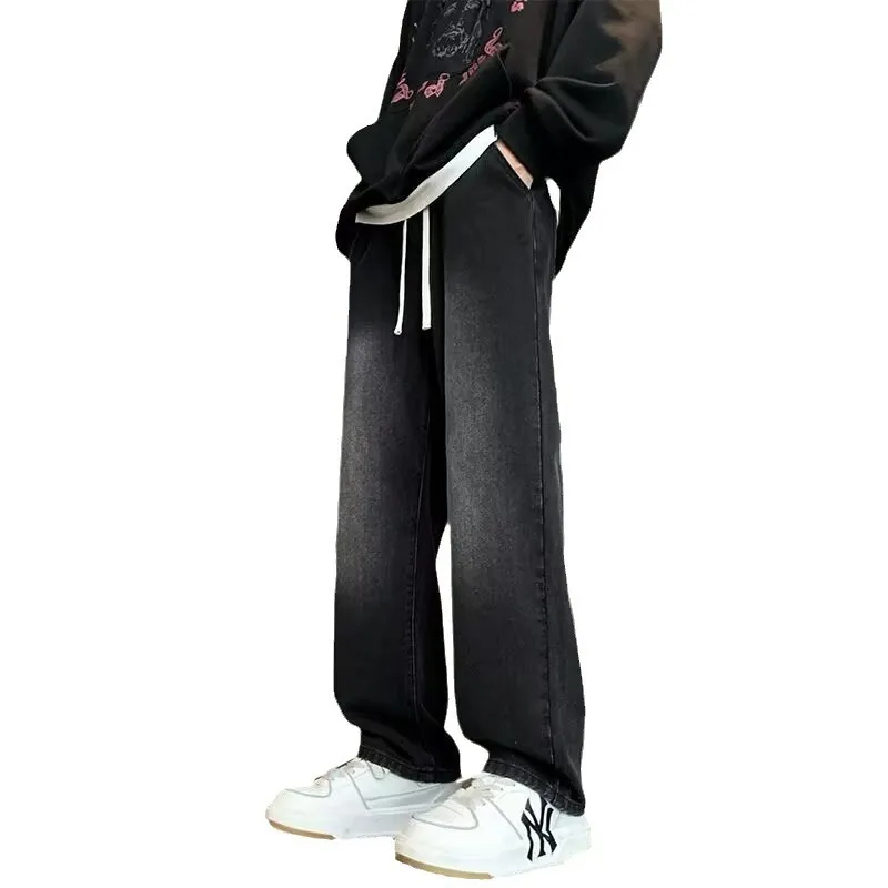 Men's Japanese Style Drawstring Jeans - Loose Fit Straight Leg Trendy Wide Leg Casual Long Pants for Spring thumbnail 5