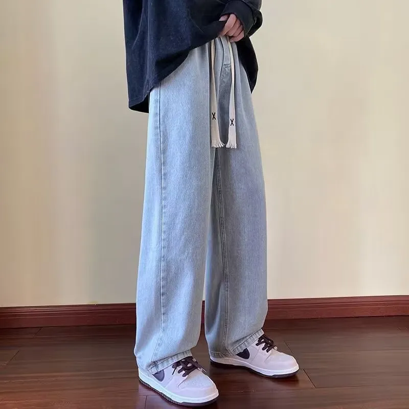 Men's Japanese Style Drawstring Jeans - Loose Fit Straight Leg Trendy Wide Leg Casual Long Pants for Spring showcase 12