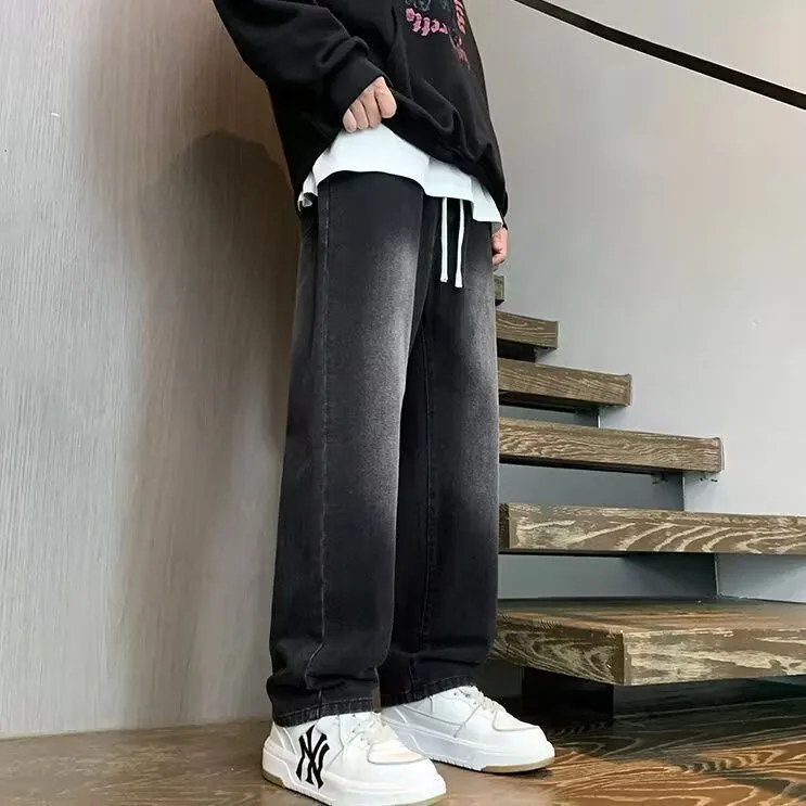 Men's Japanese Style Drawstring Jeans - Loose Fit Straight Leg Trendy Wide Leg Casual Long Pants for Spring showcase 4