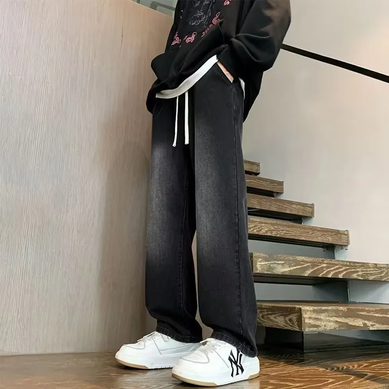 Men's Japanese Style Drawstring Jeans - Loose Fit Straight Leg Trendy Wide Leg Casual Long Pants for Spring showcase 6