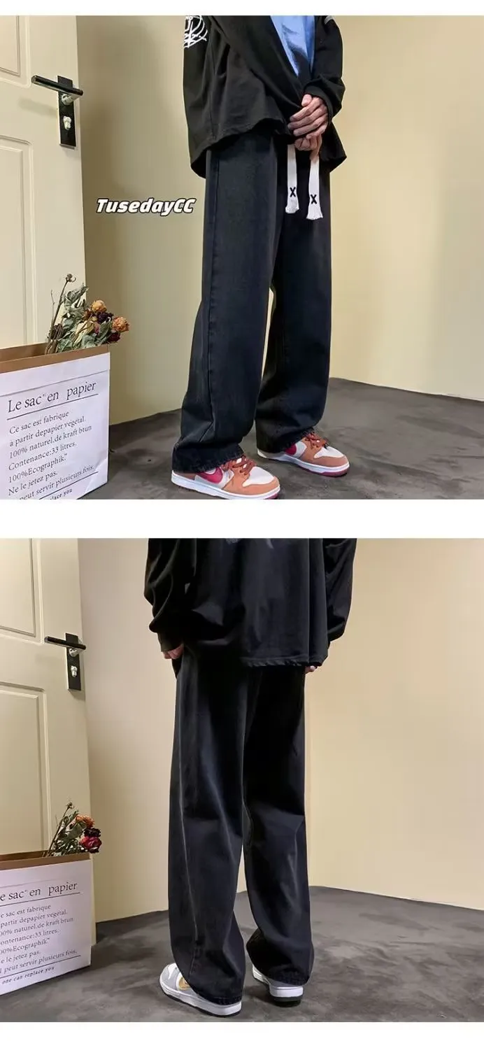 Men's Japanese Style Drawstring Jeans - Loose Fit Straight Leg Trendy Wide Leg Casual Long Pants for Spring thumbnail 10