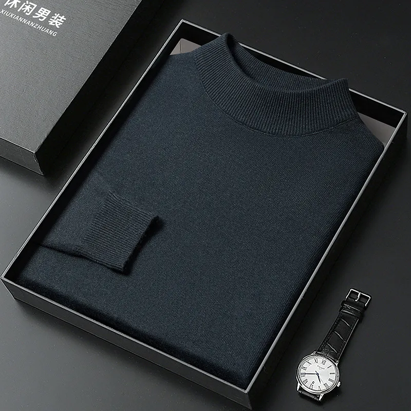 Men's Slim Fit Knitted Pullover Sweater, Casual Solid Color Semi-High Collar Basic Shirt for Young and Middle-Aged Men, Available in 9 Colors thumbnail 9