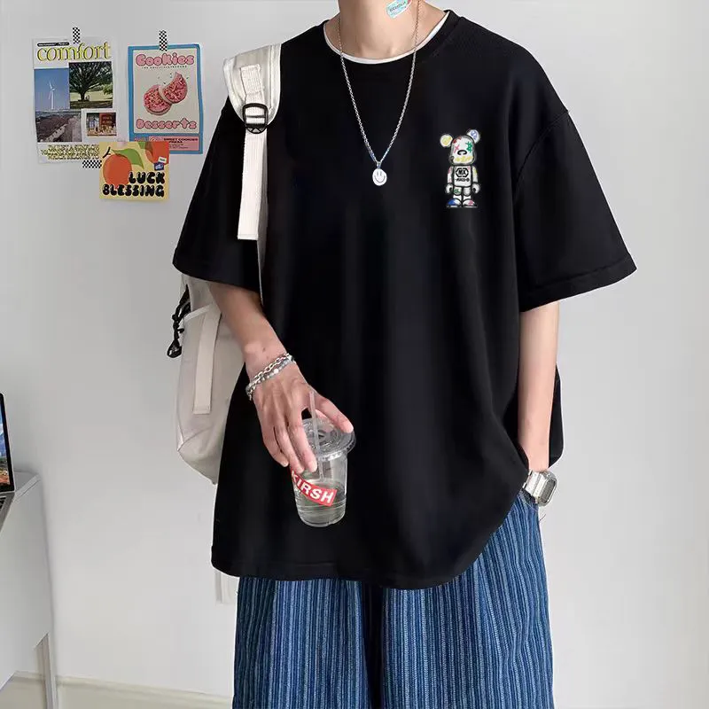 Men's Short Sleeve Cotton T-Shirt - Hong Kong Style Trendy Fashion Summer Top - Loose Fit Casual Tee for Teenagers & Young Adults - New Arrival 2025 thumbnail 7