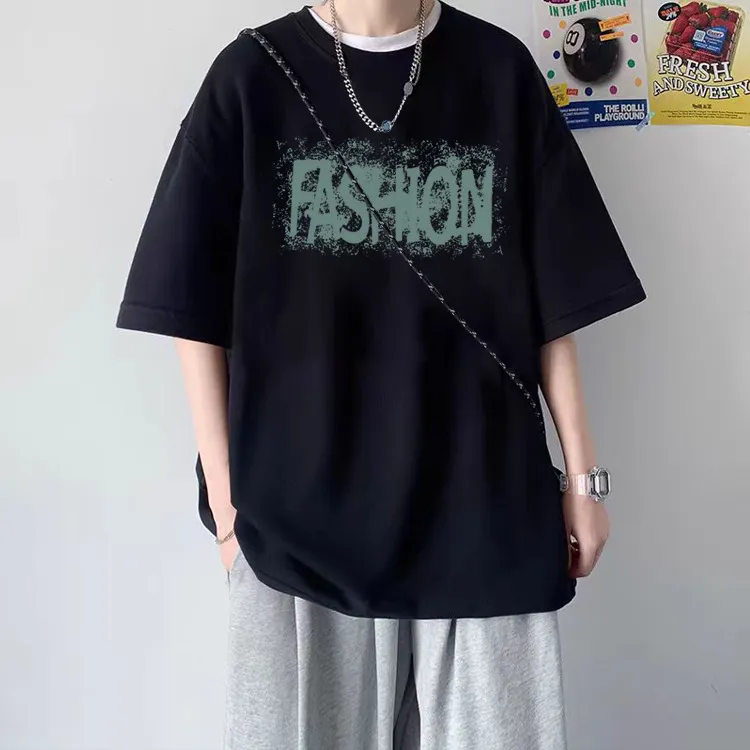 Men's Short Sleeve Cotton T-Shirt - Hong Kong Style Trendy Fashion Summer Top - Loose Fit Casual Tee for Teenagers & Young Adults - New Arrival 2025 thumbnail 2