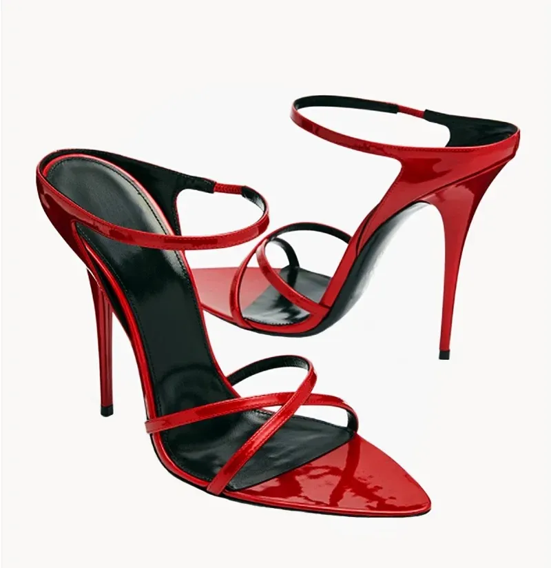 Elegant Pointed Toe Stiletto High Heels for Women - Red Patent Leather One-Strap Sandals - Fashionable Versatile Party & Evening Wear 2024 thumbnail 7