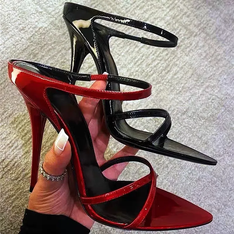 Elegant Pointed Toe Stiletto High Heels for Women - Red Patent Leather One-Strap Sandals - Fashionable Versatile Party & Evening Wear 2024 thumbnail 1