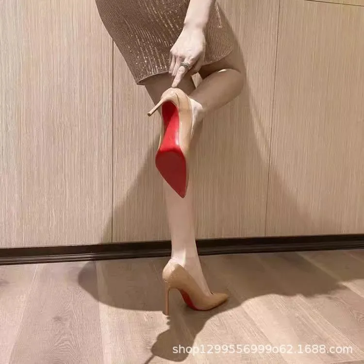 Women's Elegant Pointed Toe High Heels - Black Patent Leather-Look Dress Pumps with Red Soles - Stylish Spring & Autumn Party Shoes thumbnail 4