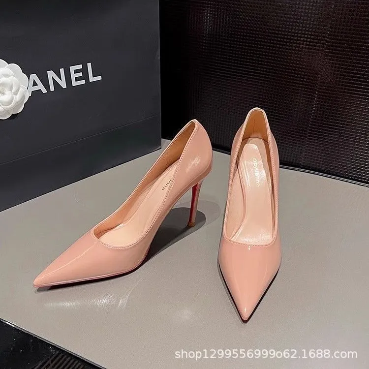 Women's Elegant Pointed Toe High Heels - Black Patent Leather-Look Dress Pumps with Red Soles - Stylish Spring & Autumn Party Shoes showcase 7
