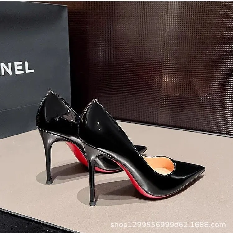Women's Elegant Pointed Toe High Heels - Black Patent Leather-Look Dress Pumps with Red Soles - Stylish Spring & Autumn Party Shoes showcase 6