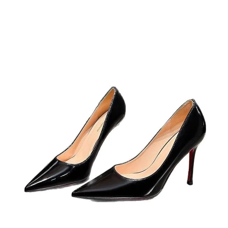 Women's Elegant Pointed Toe High Heels - Black Patent Leather-Look Dress Pumps with Red Soles - Stylish Spring & Autumn Party Shoes thumbnail 5