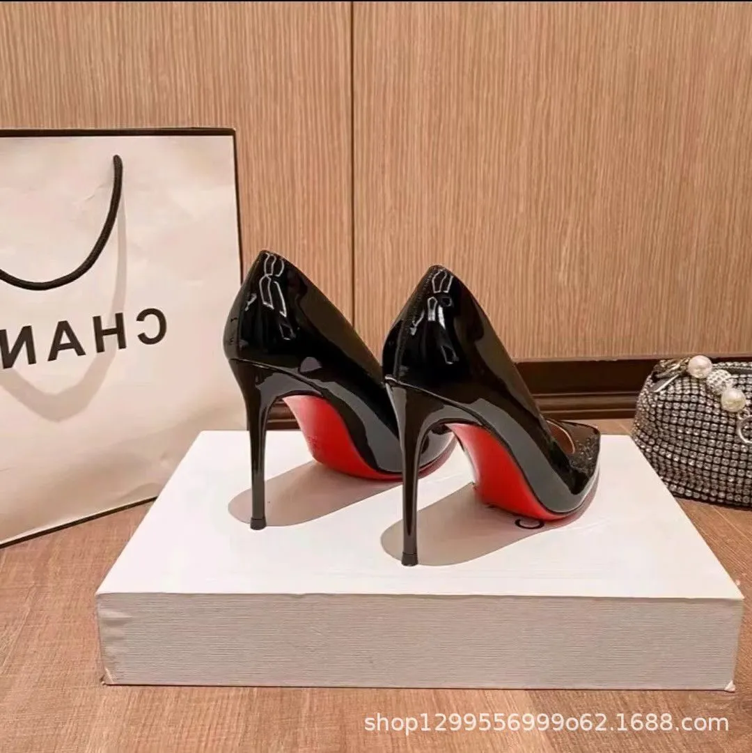 Women's Elegant Pointed Toe High Heels - Black Patent Leather-Look Dress Pumps with Red Soles - Stylish Spring & Autumn Party Shoes showcase 5