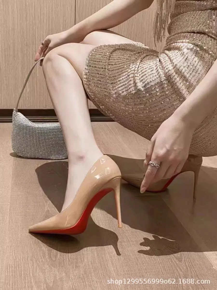 Women's Elegant Pointed Toe High Heels - Black Patent Leather-Look Dress Pumps with Red Soles - Stylish Spring & Autumn Party Shoes showcase 1