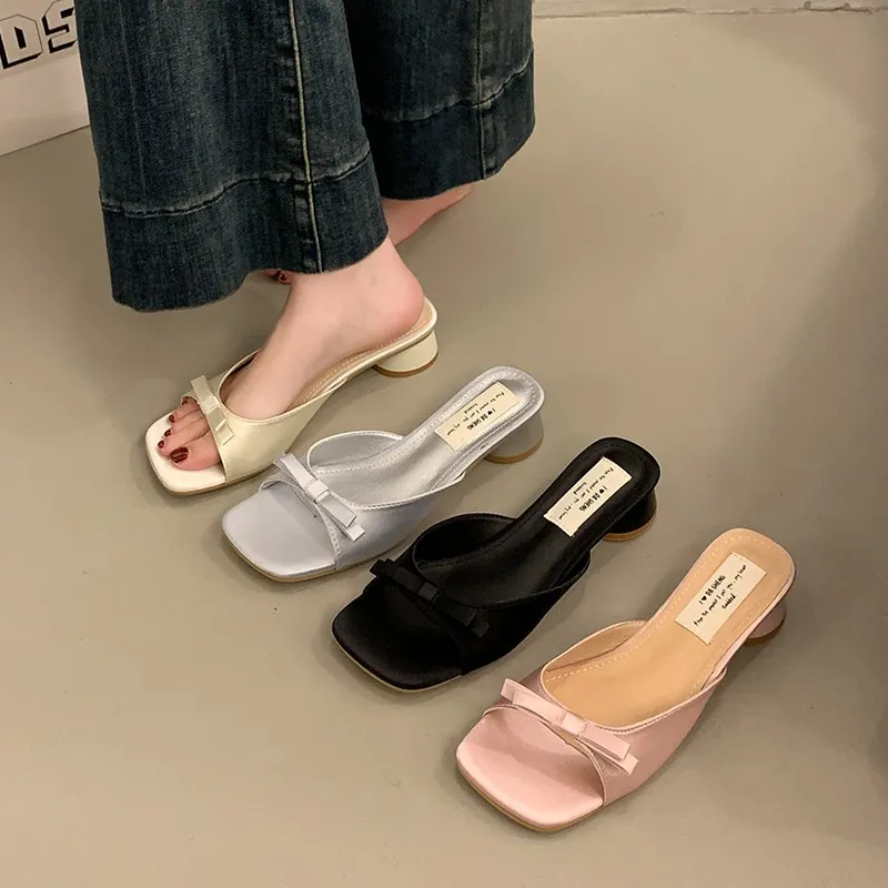 Women's Elegant Bow High Heel Sandals - French Evening Style Thick Heel Slippers - Summer Outerwear Fashion for Ladies thumbnail 1