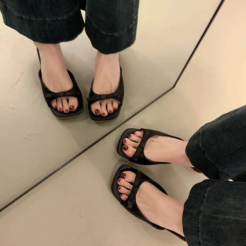 Women's Elegant Bow High Heel Sandals - French Evening Style Thick Heel Slippers - Summer Outerwear Fashion for Ladies thumbnail 3