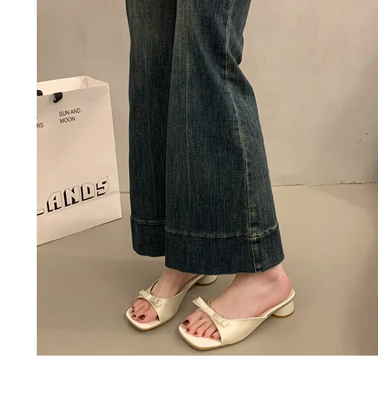 Women's Elegant Bow High Heel Sandals - French Evening Style Thick Heel Slippers - Summer Outerwear Fashion for Ladies showcase 2