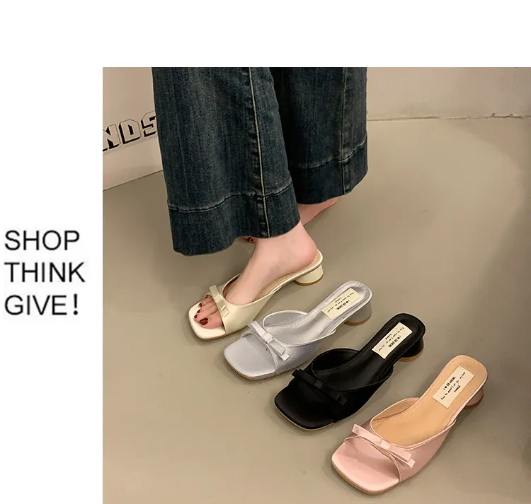 Women's Elegant Bow High Heel Sandals - French Evening Style Thick Heel Slippers - Summer Outerwear Fashion for Ladies showcase 12