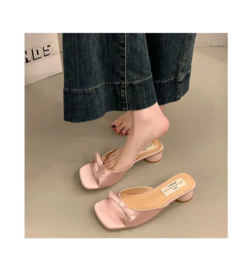 Women's Elegant Bow High Heel Sandals - French Evening Style Thick Heel Slippers - Summer Outerwear Fashion for Ladies showcase 18