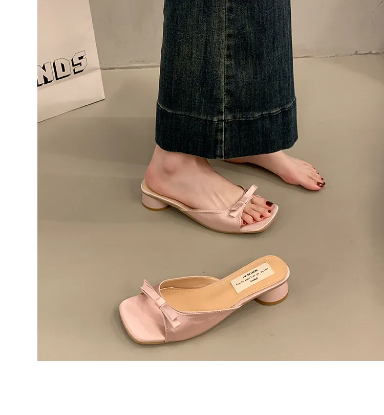 Women's Elegant Bow High Heel Sandals - French Evening Style Thick Heel Slippers - Summer Outerwear Fashion for Ladies showcase 8