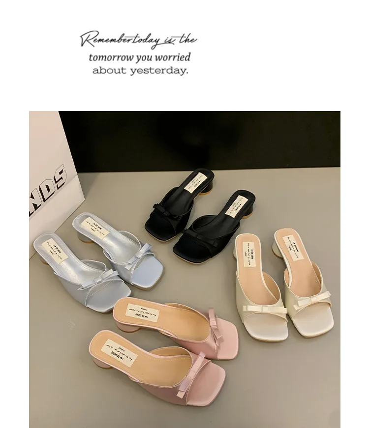 Women's Elegant Bow High Heel Sandals - French Evening Style Thick Heel Slippers - Summer Outerwear Fashion for Ladies showcase 9