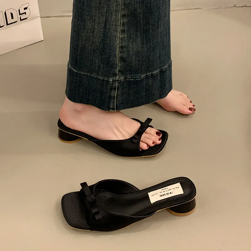 Women's Elegant Bow High Heel Sandals - French Evening Style Thick Heel Slippers - Summer Outerwear Fashion for Ladies thumbnail 6