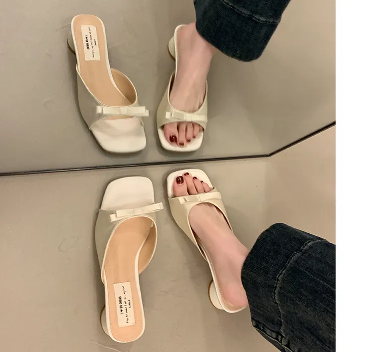 Women's Elegant Bow High Heel Sandals - French Evening Style Thick Heel Slippers - Summer Outerwear Fashion for Ladies showcase 4