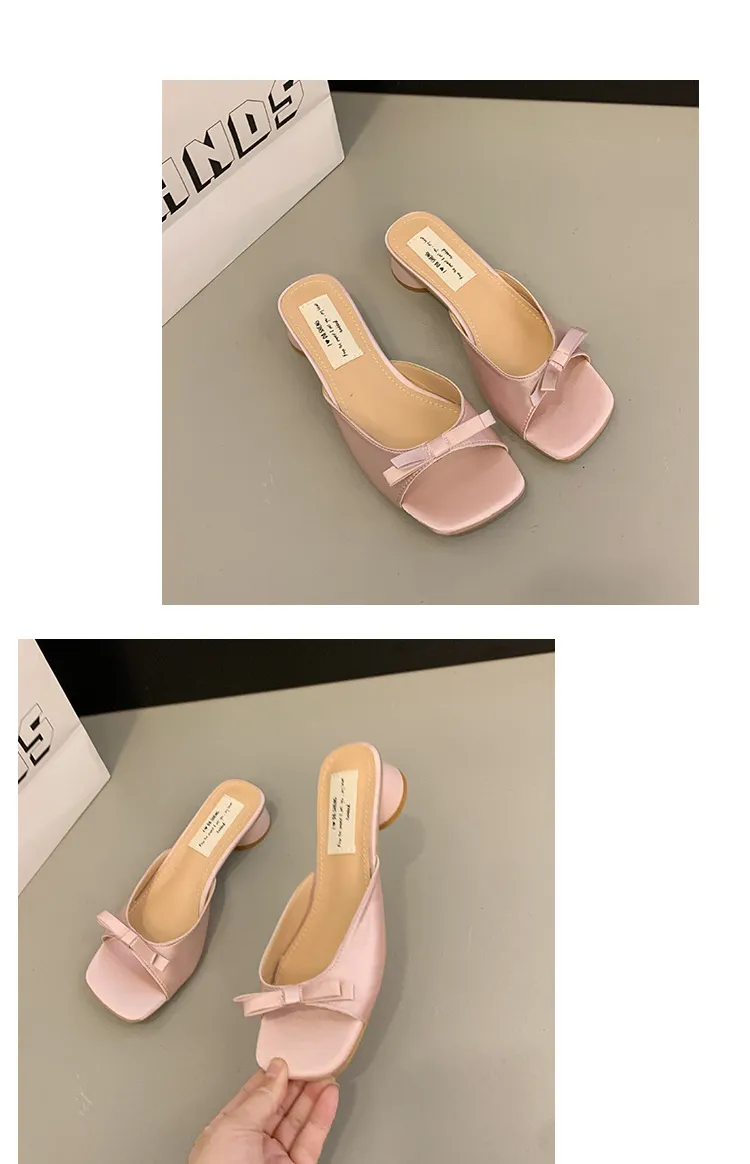 Women's Elegant Bow High Heel Sandals - French Evening Style Thick Heel Slippers - Summer Outerwear Fashion for Ladies showcase 7