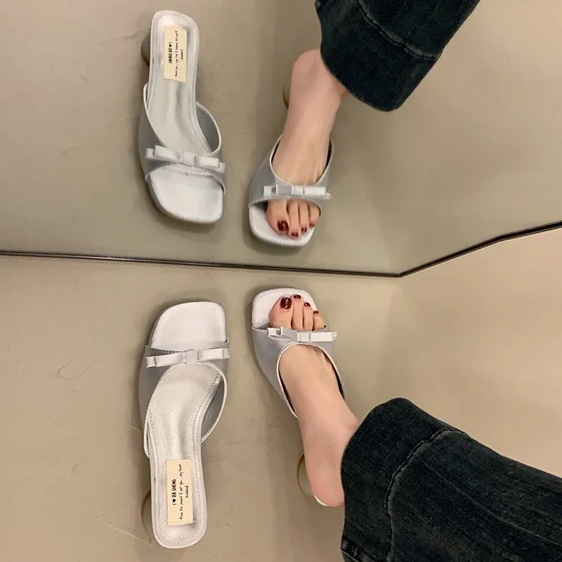 Women's Elegant Bow High Heel Sandals - French Evening Style Thick Heel Slippers - Summer Outerwear Fashion for Ladies thumbnail 8