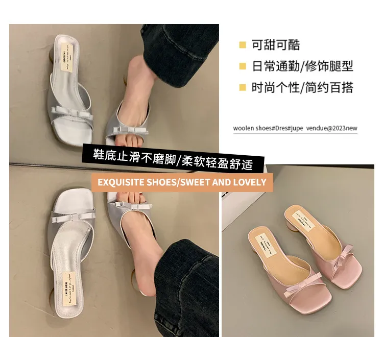 Women's Elegant Bow High Heel Sandals - French Evening Style Thick Heel Slippers - Summer Outerwear Fashion for Ladies showcase 1