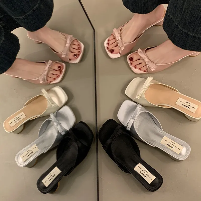 Women's Elegant Bow High Heel Sandals - French Evening Style Thick Heel Slippers - Summer Outerwear Fashion for Ladies thumbnail 4