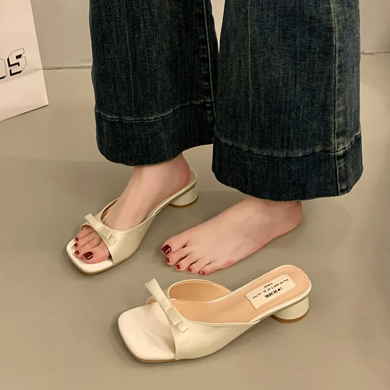 Women's Elegant Bow High Heel Sandals - French Evening Style Thick Heel Slippers - Summer Outerwear Fashion for Ladies thumbnail 7