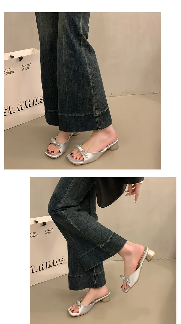 Women's Elegant Bow High Heel Sandals - French Evening Style Thick Heel Slippers - Summer Outerwear Fashion for Ladies showcase 10