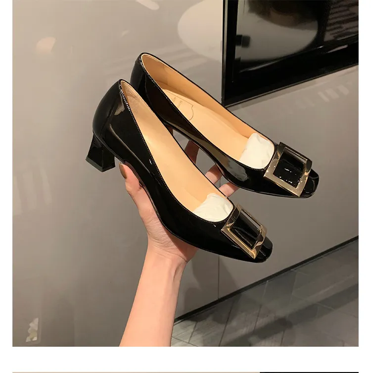 Women's Classic Square Buckle High Heels - Summer Thick Heel Flats, Small Square Toe Work Shoes for Ladies showcase 19