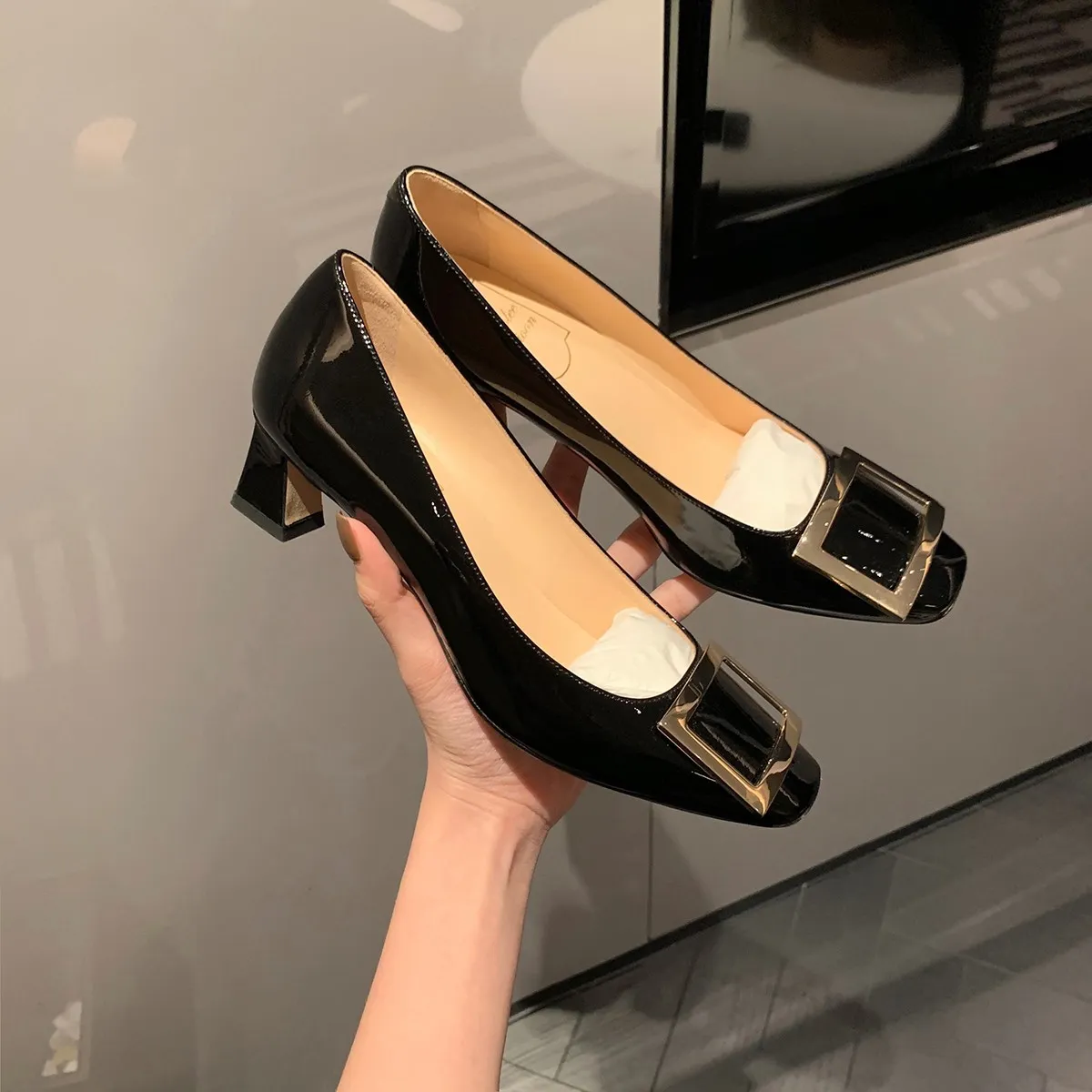 Women's Classic Square Buckle High Heels - Summer Thick Heel Flats, Small Square Toe Work Shoes for Ladies thumbnail 2