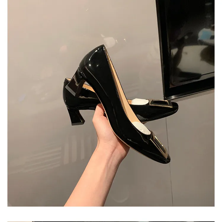 Women's Classic Square Buckle High Heels - Summer Thick Heel Flats, Small Square Toe Work Shoes for Ladies showcase 20