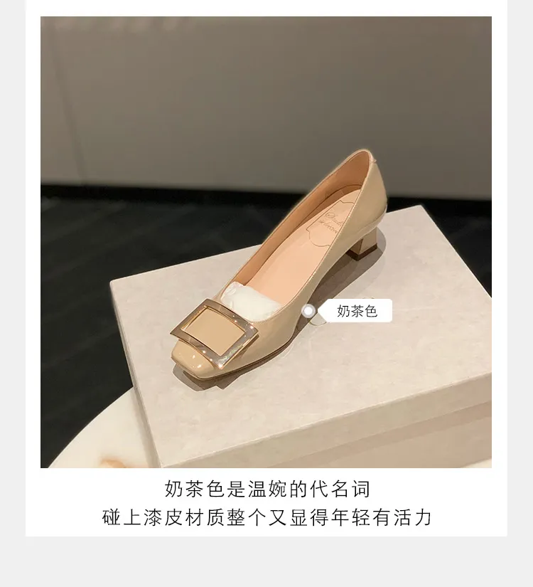 Women's Classic Square Buckle High Heels - Summer Thick Heel Flats, Small Square Toe Work Shoes for Ladies showcase 7