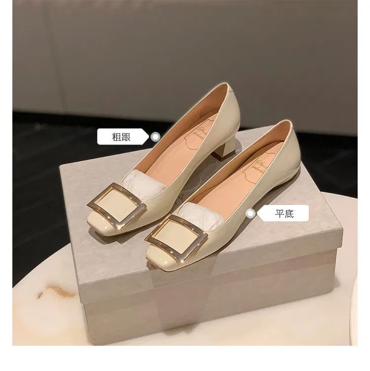 Women's Classic Square Buckle High Heels - Summer Thick Heel Flats, Small Square Toe Work Shoes for Ladies showcase 15