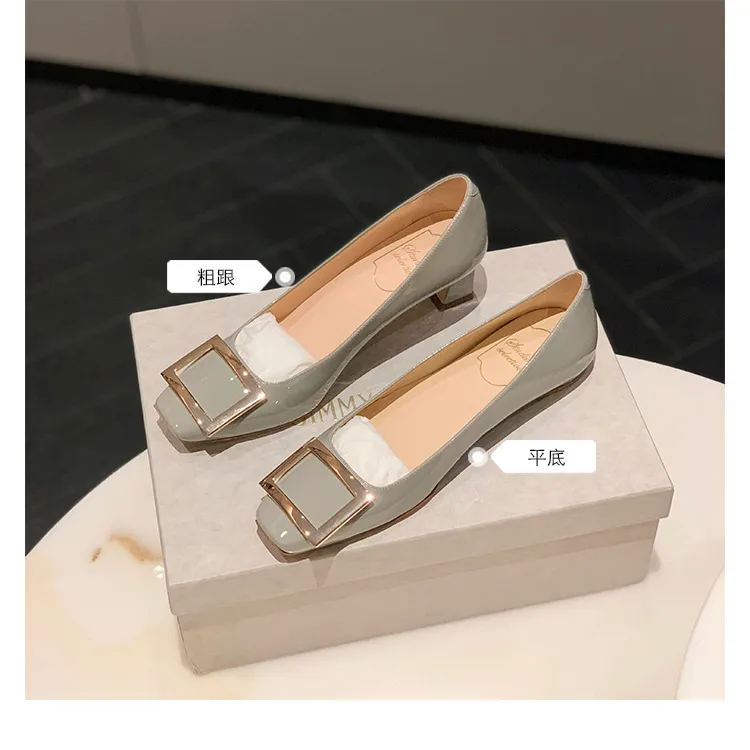Women's Classic Square Buckle High Heels - Summer Thick Heel Flats, Small Square Toe Work Shoes for Ladies showcase 14