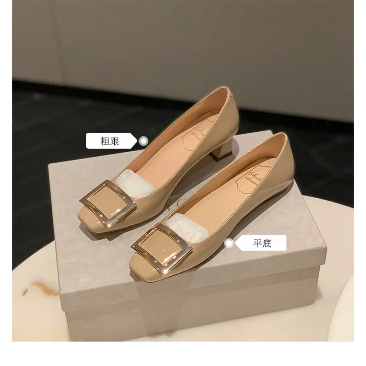 Women's Classic Square Buckle High Heels - Summer Thick Heel Flats, Small Square Toe Work Shoes for Ladies showcase 13