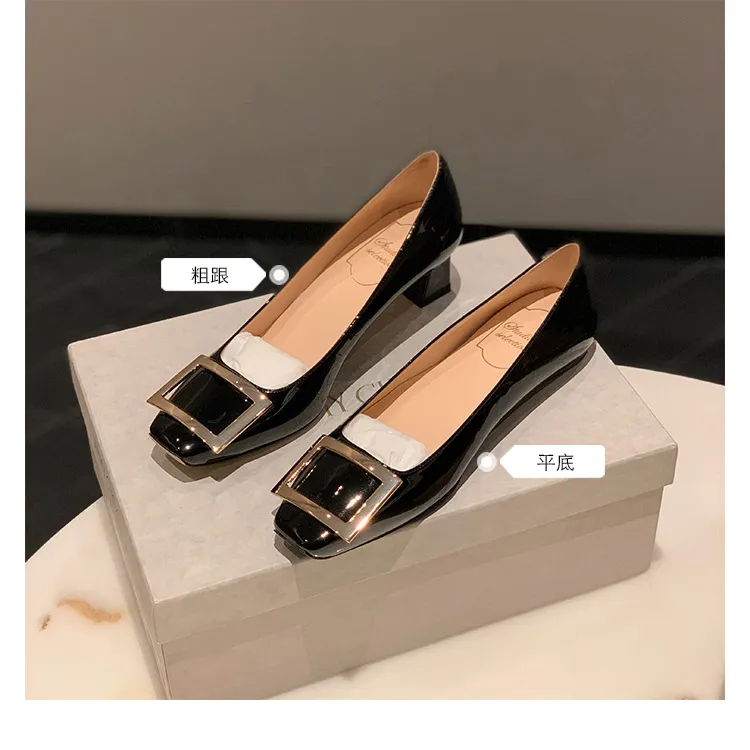 Women's Classic Square Buckle High Heels - Summer Thick Heel Flats, Small Square Toe Work Shoes for Ladies showcase 16