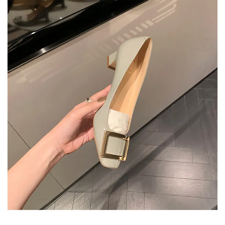 Women's Classic Square Buckle High Heels - Summer Thick Heel Flats, Small Square Toe Work Shoes for Ladies showcase 18