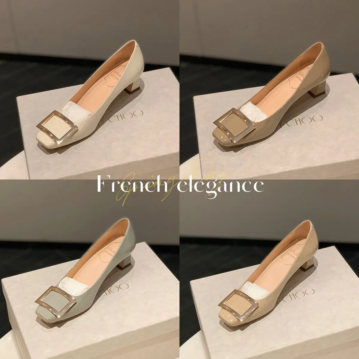 Women's Classic Square Buckle High Heels - Summer Thick Heel Flats, Small Square Toe Work Shoes for Ladies thumbnail 4